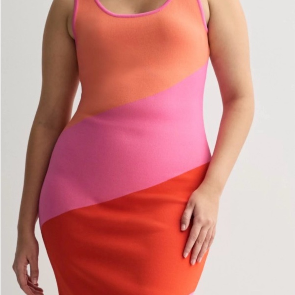 Colorblock Midi Dress in Pink, Orange and Red very stretchy